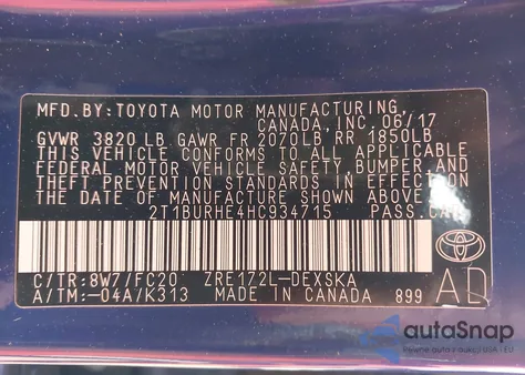 2017 Toyota Corolla Se из США, поврежденный, VIN 2T1BURHE4HC934715